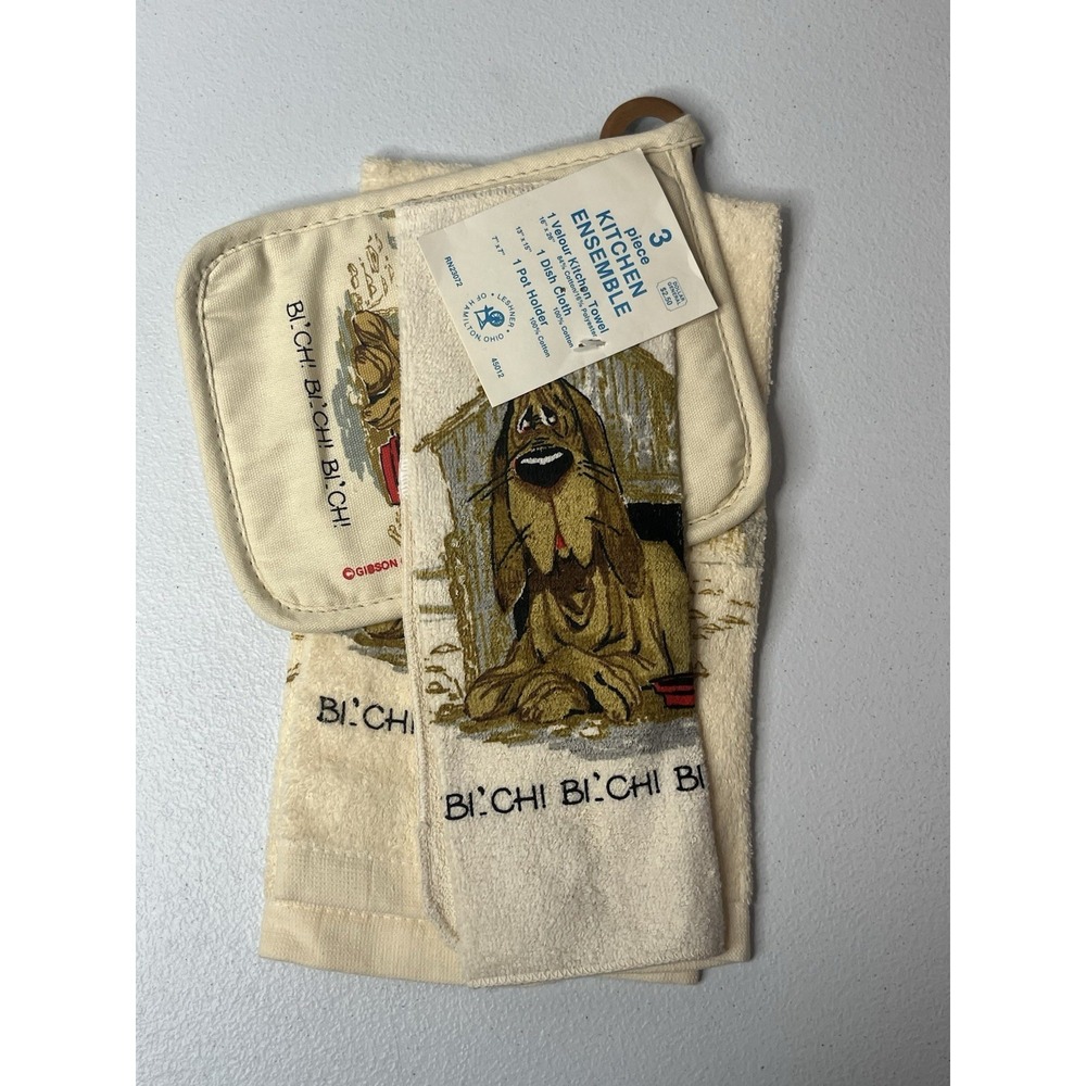 Vtg 3 Piece KITCHEN towel Set‎ Dog Humor B**ch Pot Holder Dish Cloth Gibson MCM